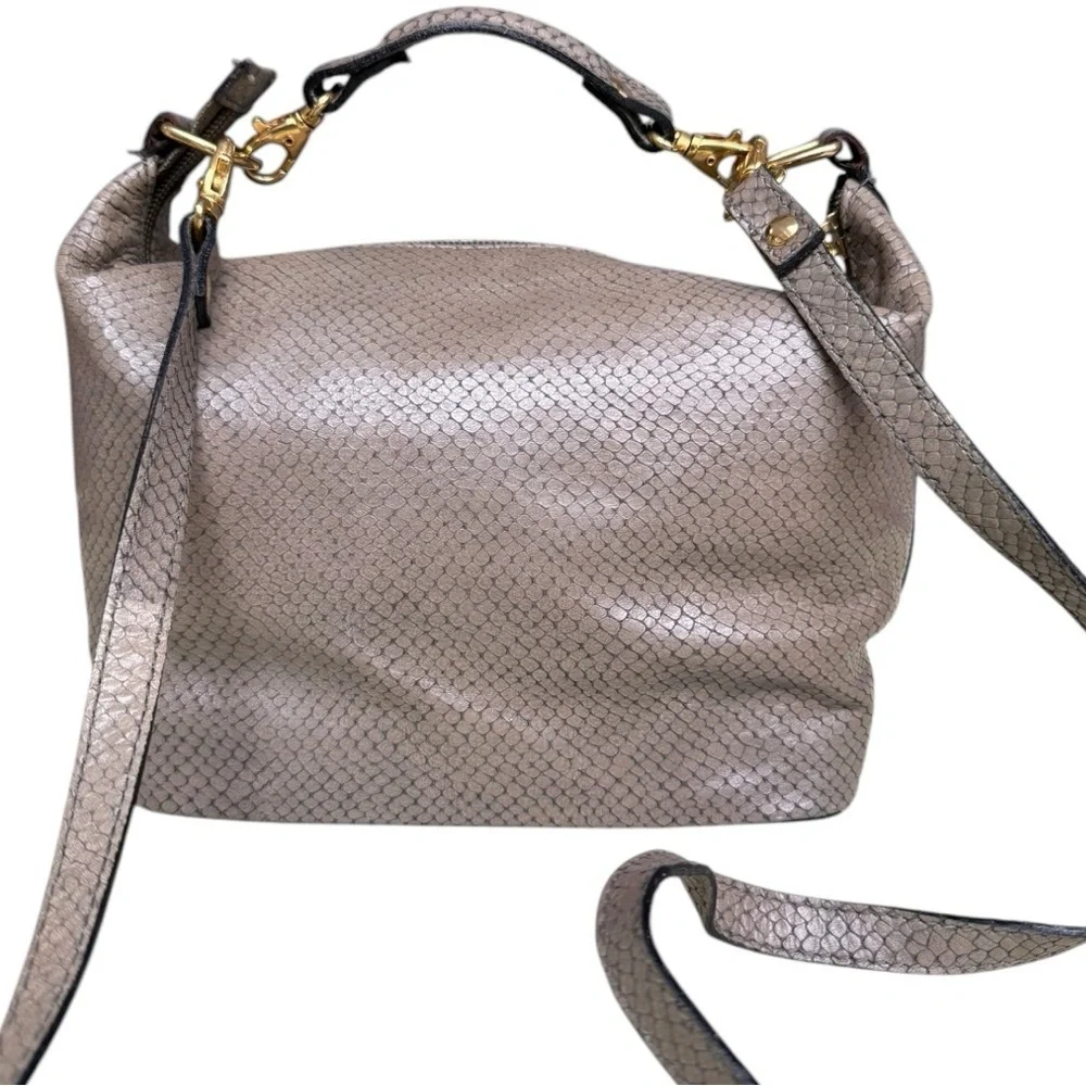 Vintage Metallic Taupe Snake-Embossed Leather Crossbody Bag